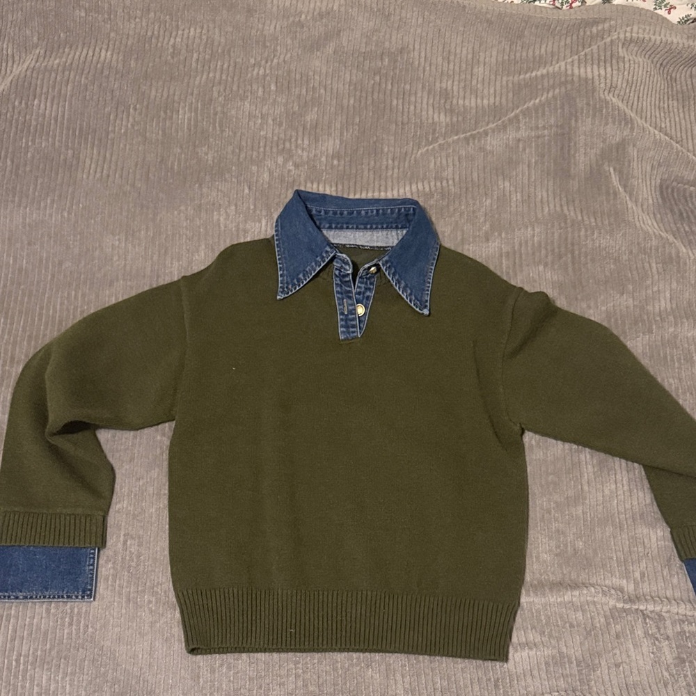 Commense Olive Green Sweater with Denim Accents